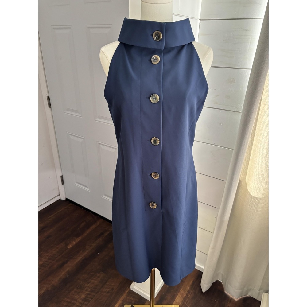 Sail To Sable Dress Womens Medium Blue Halter Button Shift Knee Length Cocktail